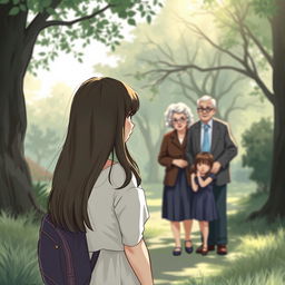 An evocative book cover illustration of a teenage girl with straight hair, standing at a distance, looking wistfully towards her grandmother and grandfather, who are accompanied by a little girl with straight hair