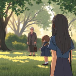 An evocative book cover illustration of a teenage girl with straight hair, standing at a distance, looking wistfully towards her grandmother and grandfather, who are accompanied by a little girl with straight hair