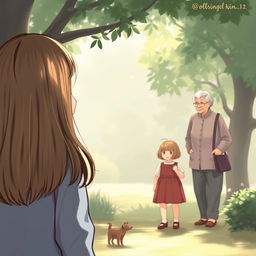 An evocative book cover illustration of a teenage girl with straight hair, standing at a distance, looking wistfully towards her grandmother and grandfather, who are accompanied by a little girl with straight hair