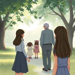 An evocative book cover illustration of a teenage girl with straight hair, standing at a distance, looking wistfully towards her grandmother and grandfather, who are accompanied by a little girl with straight hair