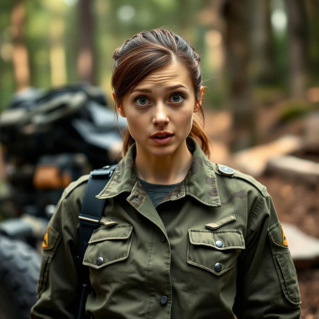 A 20-year-old woman dressed in military attire, looking surprised