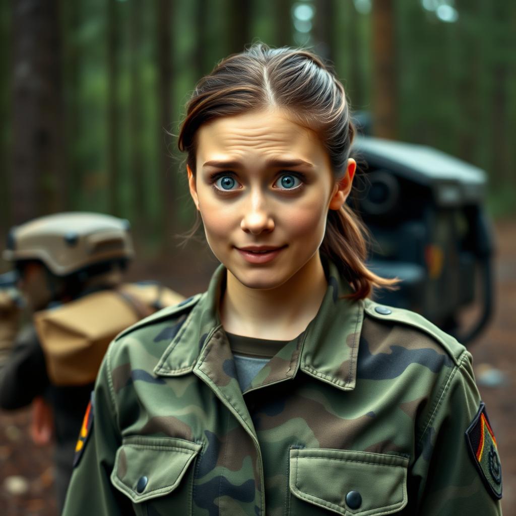 A 20-year-old woman dressed in military attire, looking surprised