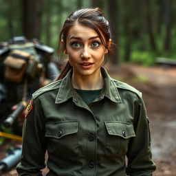 A 20-year-old woman dressed in military attire, looking surprised