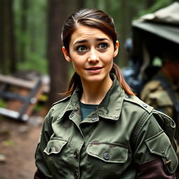 A 20-year-old woman dressed in military attire, looking surprised
