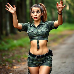 A 20-year-old woman in sexy military attire, looking surprised with her hands raised above her head