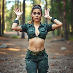 A 20-year-old woman in sexy military attire, looking surprised with her hands raised above her head