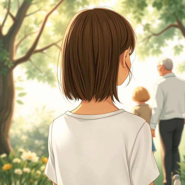 An evocative book cover illustration featuring a teenage girl with straight hair, seen from behind as she gazes toward her grandmother and grandfather, who are with a little girl with straight hair