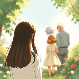 An evocative book cover illustration featuring a teenage girl with straight hair, seen from behind as she gazes toward her grandmother and grandfather, who are with a little girl with straight hair