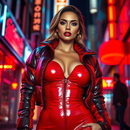An alluring woman wearing a tight, shiny red and black puffer suit that accentuates her voluptuous curves and large breasts