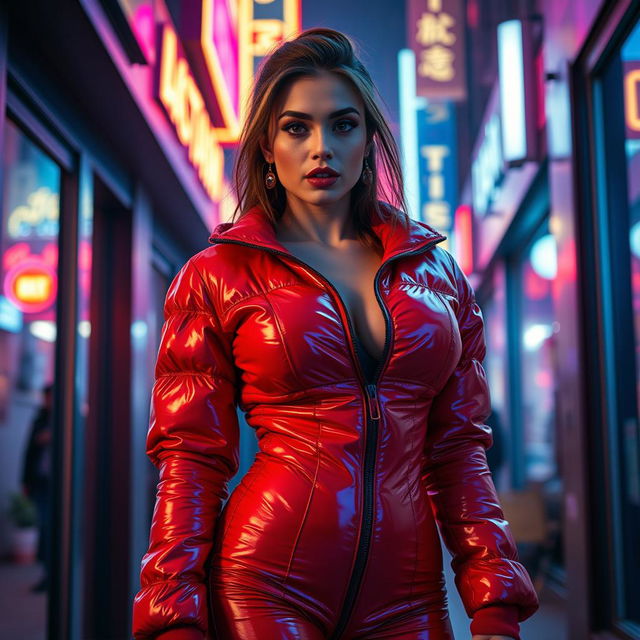 An alluring woman wearing a tight, shiny red and black puffer suit that accentuates her voluptuous curves and large breasts