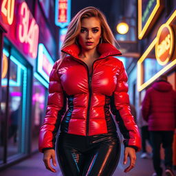 An alluring woman wearing a tight, shiny red and black puffer suit that accentuates her voluptuous curves and large breasts