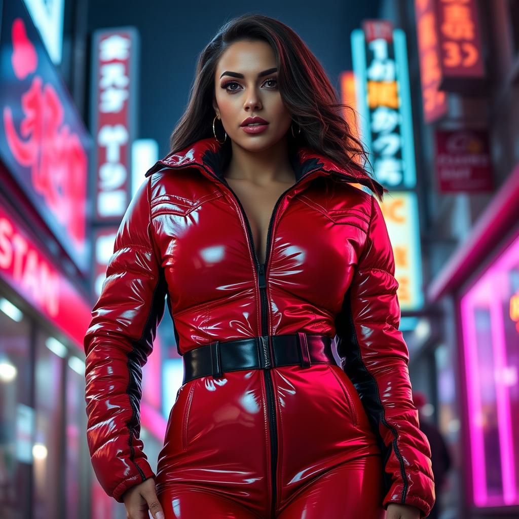 An alluring woman wearing a tight, shiny red and black puffer suit that accentuates her voluptuous curves and large breasts