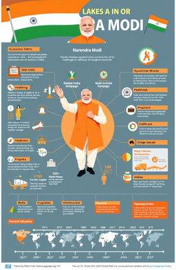 A detailed infographic illustrating the achievements of Narendra Modi, featuring key milestones like economic reforms, Digital India initiative, Make in India campaign, healthcare improvements like Ayushman Bharat, infrastructure development with highways and railways expansion, and the improvement in India's international standing