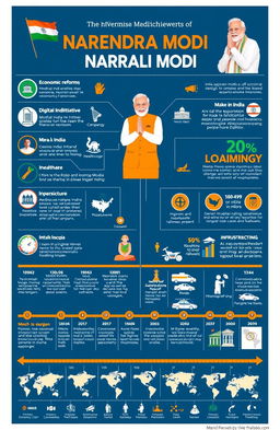A detailed infographic illustrating the achievements of Narendra Modi, featuring key milestones like economic reforms, Digital India initiative, Make in India campaign, healthcare improvements like Ayushman Bharat, infrastructure development with highways and railways expansion, and the improvement in India's international standing