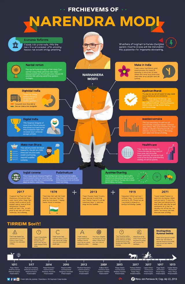 A detailed infographic illustrating the achievements of Narendra Modi, featuring key milestones like economic reforms, Digital India initiative, Make in India campaign, healthcare improvements like Ayushman Bharat, infrastructure development with highways and railways expansion, and the improvement in India's international standing