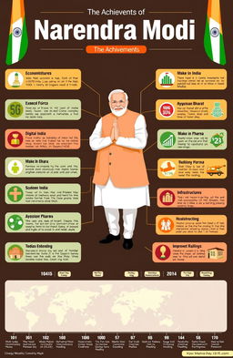 A detailed infographic illustrating the achievements of Narendra Modi, featuring key milestones like economic reforms, Digital India initiative, Make in India campaign, healthcare improvements like Ayushman Bharat, infrastructure development with highways and railways expansion, and the improvement in India's international standing