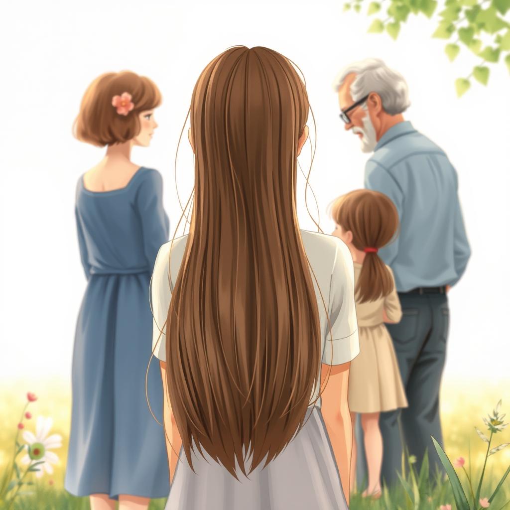 A beautifully crafted book cover illustration featuring a distant view of a teenage girl with straight hair, seen from behind as she gazes at her loving grandmother and grandfather, who are interacting with a straight-haired little girl