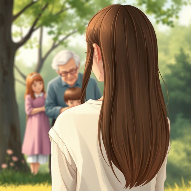 A beautifully crafted book cover illustration featuring a distant view of a teenage girl with straight hair, seen from behind as she gazes at her loving grandmother and grandfather, who are interacting with a straight-haired little girl