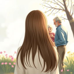A beautifully crafted book cover illustration featuring a distant view of a teenage girl with straight hair, seen from behind as she gazes at her loving grandmother and grandfather, who are interacting with a straight-haired little girl