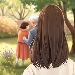 A beautifully crafted book cover illustration featuring a distant view of a teenage girl with straight hair, seen from behind as she gazes at her loving grandmother and grandfather, who are interacting with a straight-haired little girl