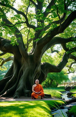 A serene monastic figure dressed in traditional robes, sitting peacefully below a large, ancient tree with expansive branches and lush green leaves