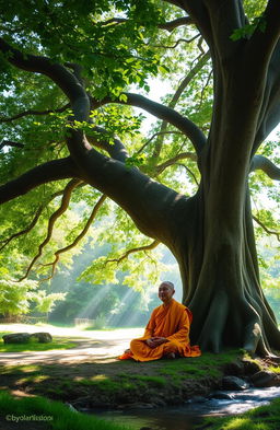 A serene monastic figure dressed in traditional robes, sitting peacefully below a large, ancient tree with expansive branches and lush green leaves