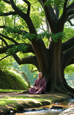 A serene monastic figure dressed in traditional robes, sitting peacefully below a large, ancient tree with expansive branches and lush green leaves