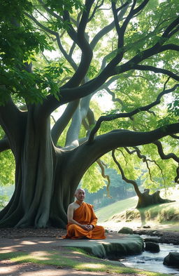A serene monastic figure dressed in traditional robes, sitting peacefully below a large, ancient tree with expansive branches and lush green leaves