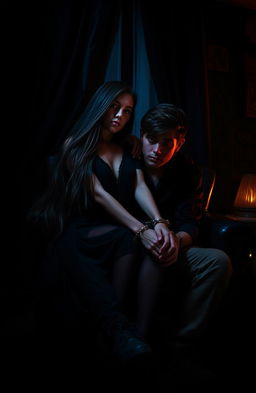 A captivating dark romance scene featuring a girl sitting on a boy's lap, her long flowing hair cascading down in a seductive manner