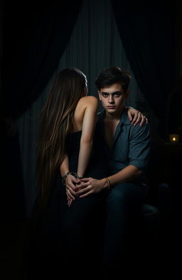 A captivating dark romance scene featuring a girl sitting on a boy's lap, her long flowing hair cascading down in a seductive manner