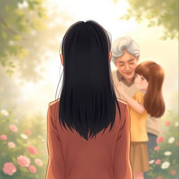 A poignant book cover illustration featuring a teenage girl with straight black hair viewed from a distance, standing with her back towards the viewer