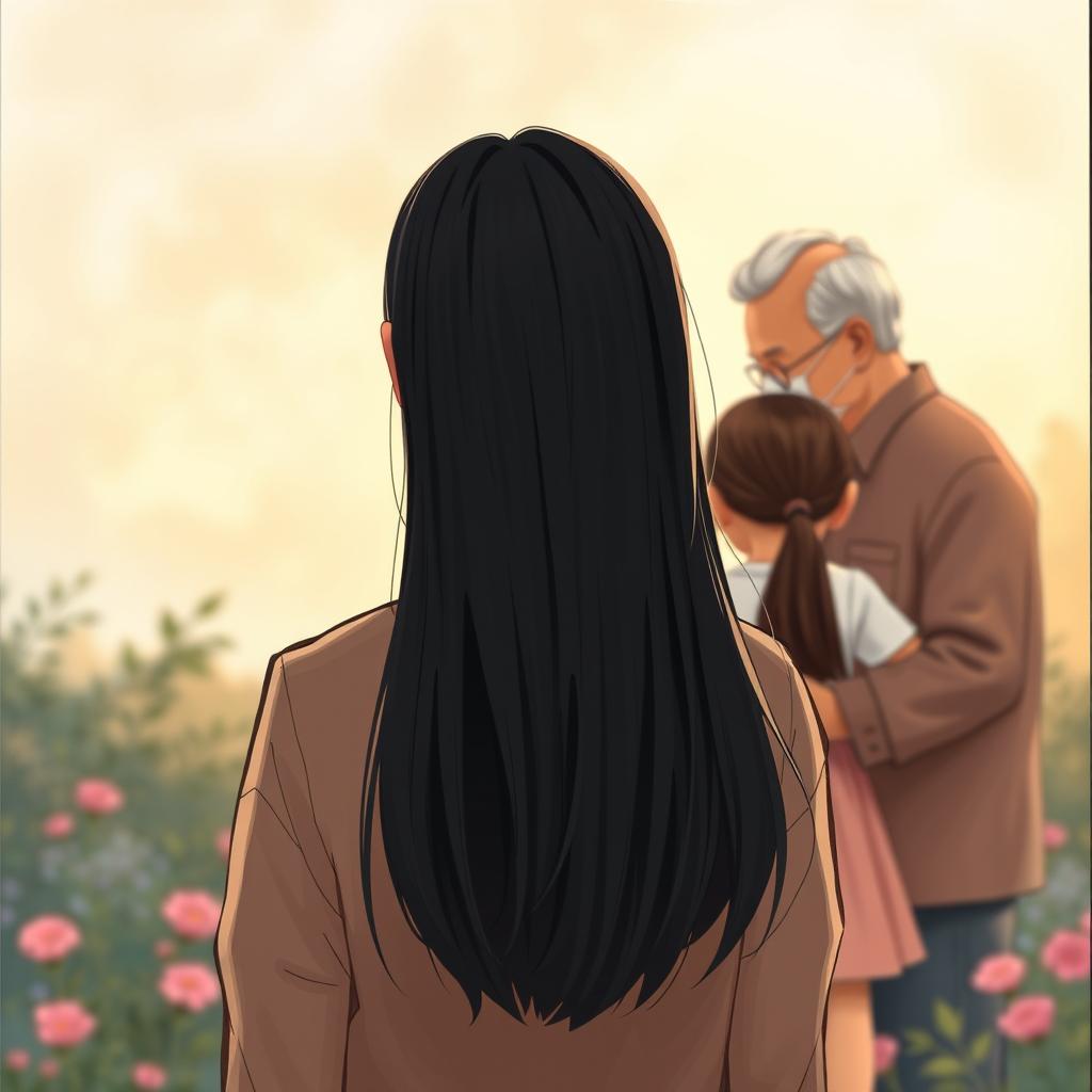 A poignant book cover illustration featuring a teenage girl with straight black hair viewed from a distance, standing with her back towards the viewer