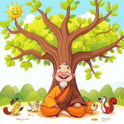 A whimsical cartoon depicting a cheerful monastic figure with exaggerated features and colorful robes, sitting happily below a large, cartoonish tree with oversized branches and vibrant green leaves