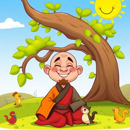 A whimsical cartoon depicting a cheerful monastic figure with exaggerated features and colorful robes, sitting happily below a large, cartoonish tree with oversized branches and vibrant green leaves
