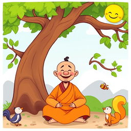 A whimsical cartoon depicting a cheerful monastic figure with exaggerated features and colorful robes, sitting happily below a large, cartoonish tree with oversized branches and vibrant green leaves