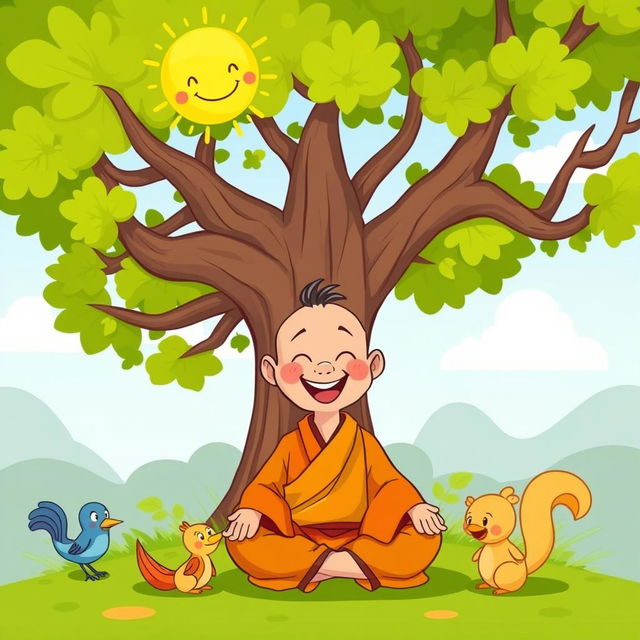 A whimsical cartoon depicting a cheerful monastic figure with exaggerated features and colorful robes, sitting happily below a large, cartoonish tree with oversized branches and vibrant green leaves