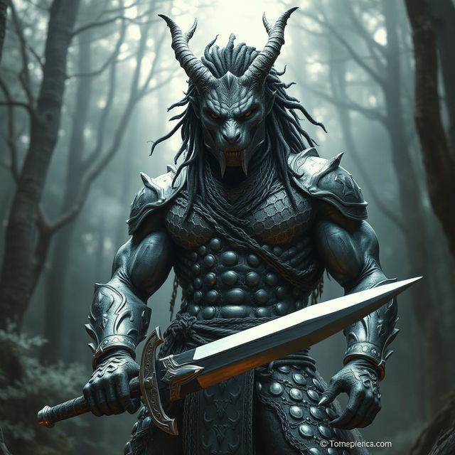 A silver dragon man, towering and muscular with black dreadlocks resembling those of a predator