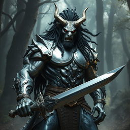 A silver dragon man, towering and muscular with black dreadlocks resembling those of a predator