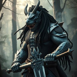 A silver dragon man, towering and muscular with black dreadlocks resembling those of a predator