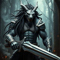 A silver dragon man, towering and muscular with black dreadlocks resembling those of a predator