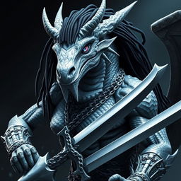 A majestic silver draconic humanoid with muscular build, towering height, and striking heterochromic eyes—one blue and the other violet