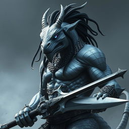 A majestic silver draconic humanoid with muscular build, towering height, and striking heterochromic eyes—one blue and the other violet