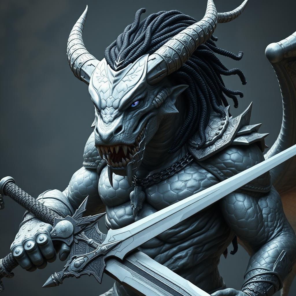 A majestic silver draconic humanoid with muscular build, towering height, and striking heterochromic eyes—one blue and the other violet