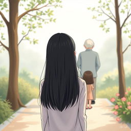 An emotional book cover illustration depicting a teenage girl with straight black hair, viewed from a distance, standing with her back to the viewer