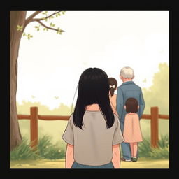 An emotional book cover illustration depicting a teenage girl with straight black hair, viewed from a distance, standing with her back to the viewer