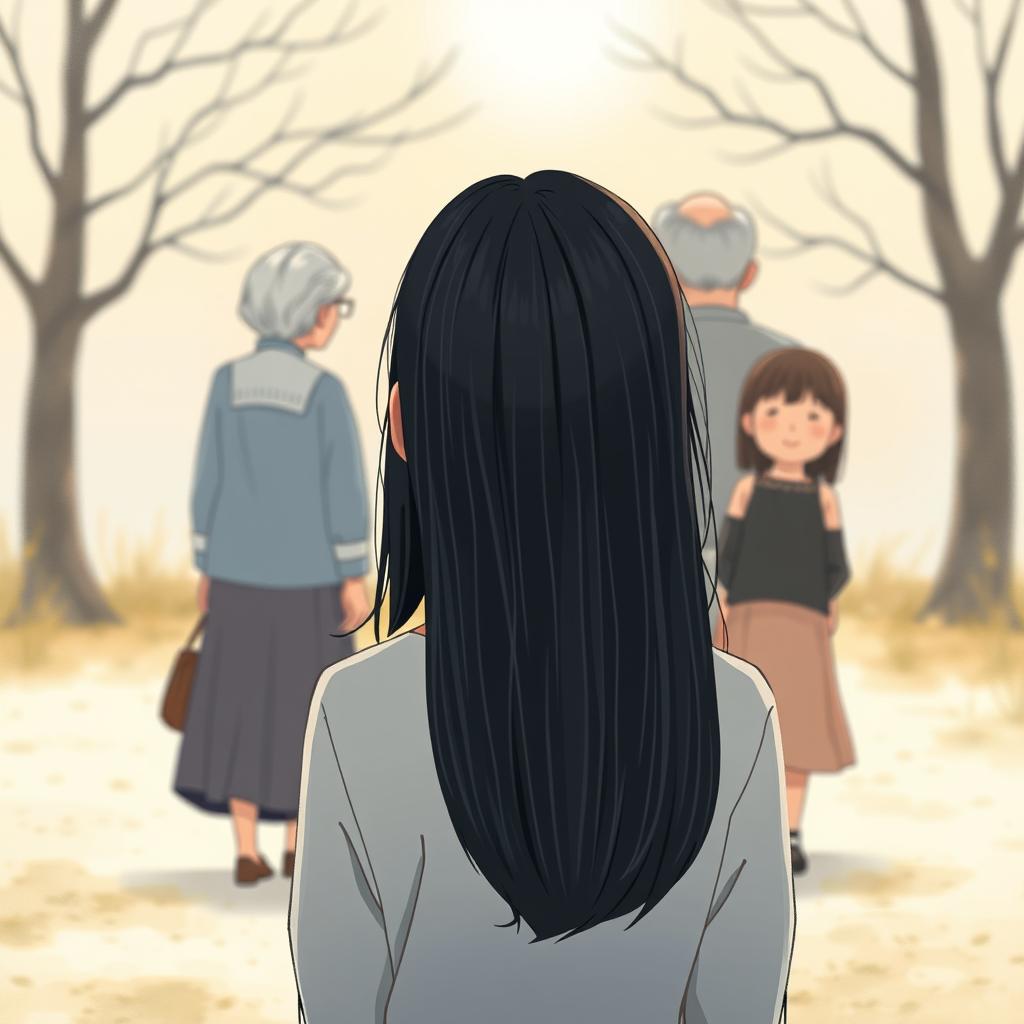 An emotional book cover illustration depicting a teenage girl with straight black hair, viewed from a distance, standing with her back to the viewer