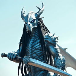 A majestic silver drake with heterochromatic eyes, one blue and the other violet, towering in height and muscular build