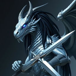 A majestic silver drake with heterochromatic eyes, one blue and the other violet, towering in height and muscular build