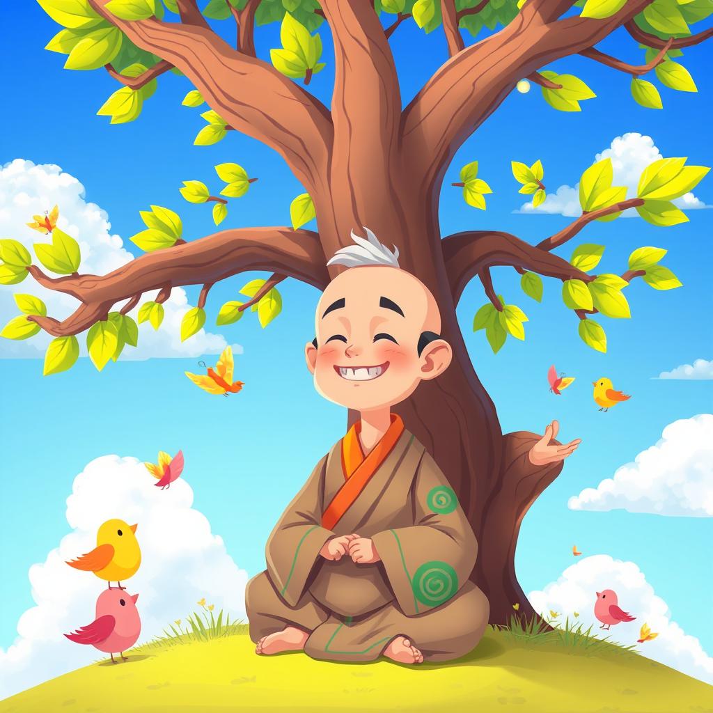 A charming 2D cartoon illustration of a monastic figure, depicted with friendly and exaggerated features, sitting peacefully below a large, colorful tree