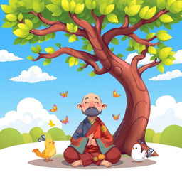 A charming 2D cartoon illustration of a monastic figure, depicted with friendly and exaggerated features, sitting peacefully below a large, colorful tree